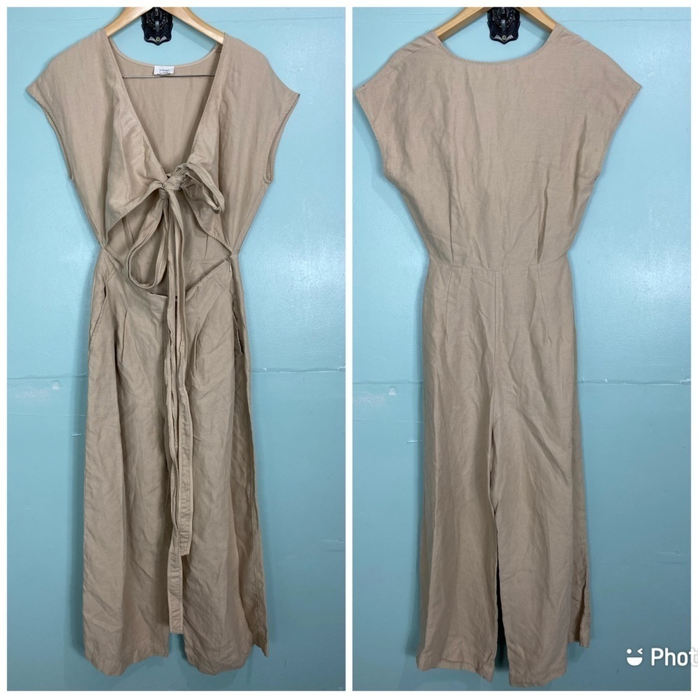 Aritzia Wilfred Brax Jumpsuit Tan‎ Side Tie Linen Blend Sz 4